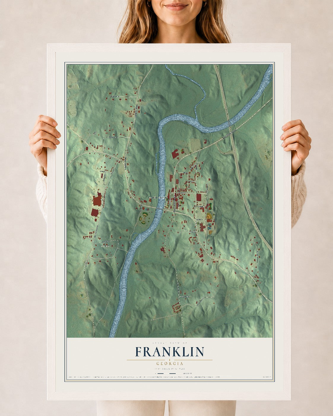 Franklin, Georgia map print, 24" x 36" W/ White Ayous Wood Frame mockup
