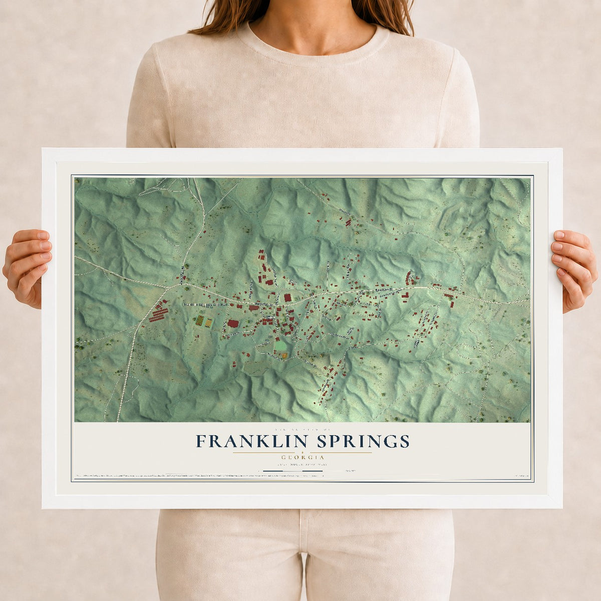 Franklin Springs, Georgia map print, 12" x 18" W/ White Ayous Wood Frame mockup