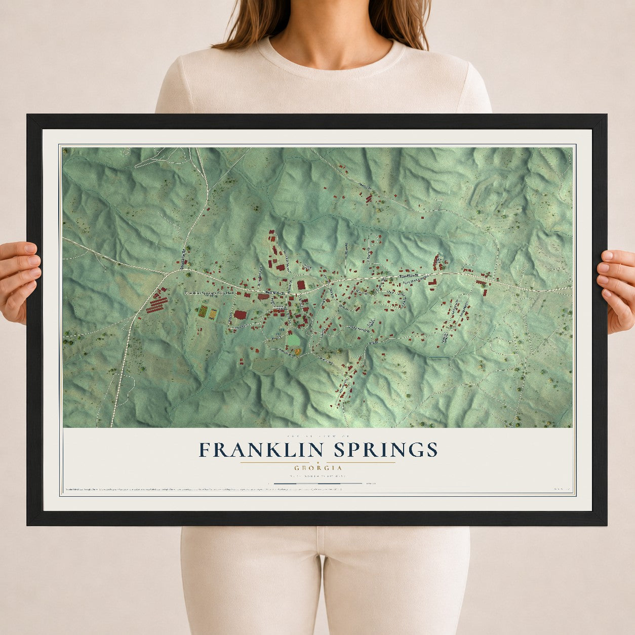 Franklin Springs, Georgia map print, 18" x 24" W/ Black Ayous Wood Frame mockup