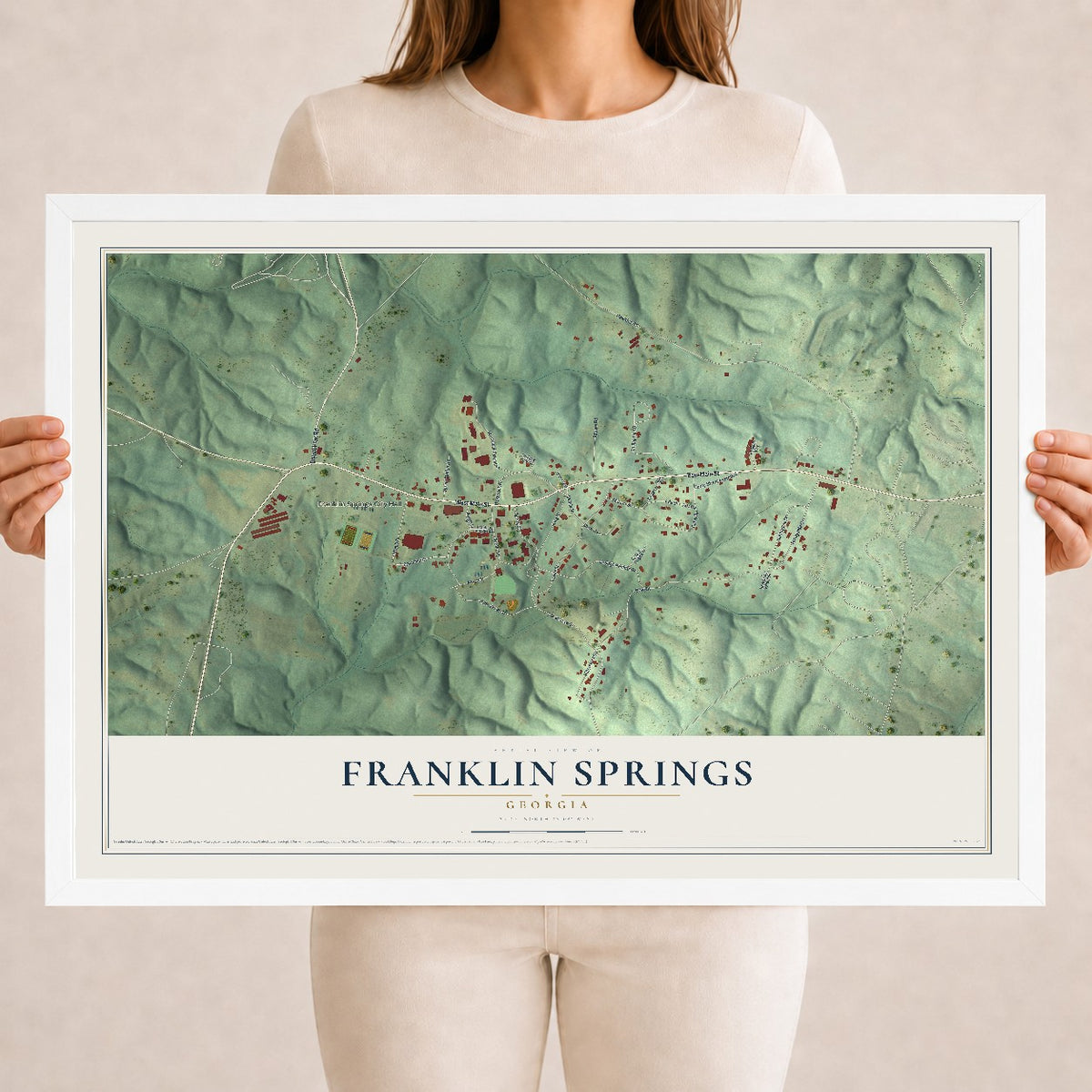 Franklin Springs, Georgia map print, 18" x 24" W/ White Ayous Wood Frame mockup