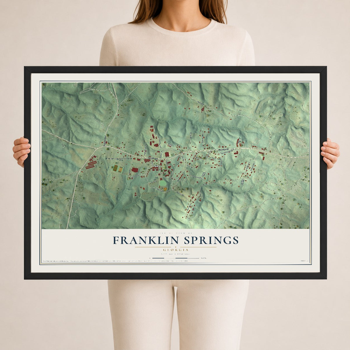 Franklin Springs, Georgia map print, 24" x 36" W/ Black Ayous Wood Frame mockup