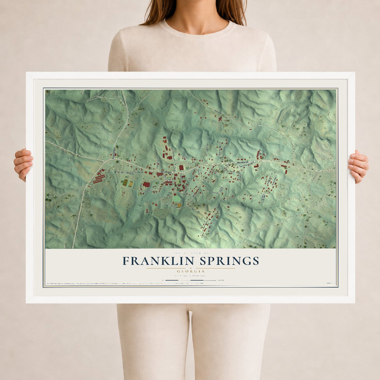 Franklin Springs, Georgia map print, 24" x 36" W/ White Ayous Wood Frame mockup