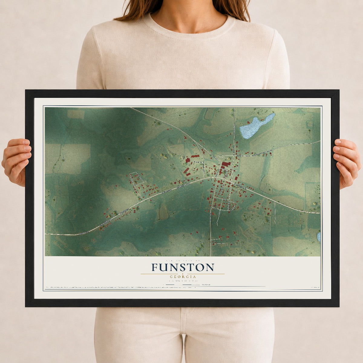Funston, Georgia map print, 12" x 18" W/ Black Ayous Wood Frame mockup