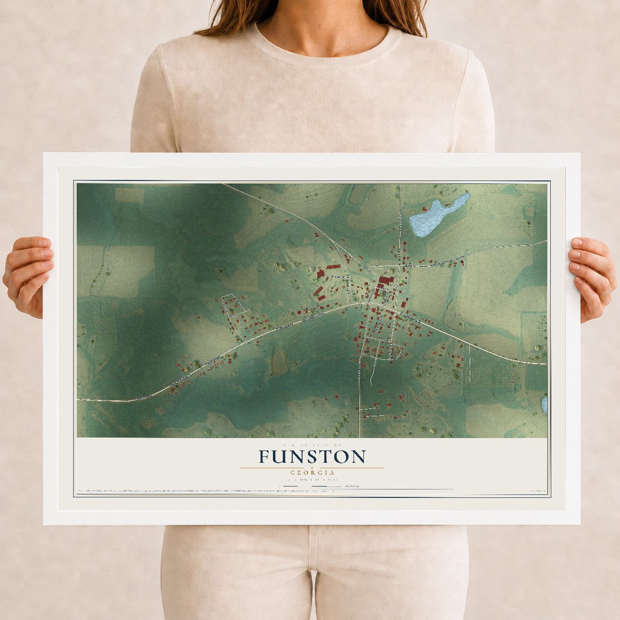 Funston, Georgia map print, 12" x 18" W/ White Ayous Wood Frame mockup
