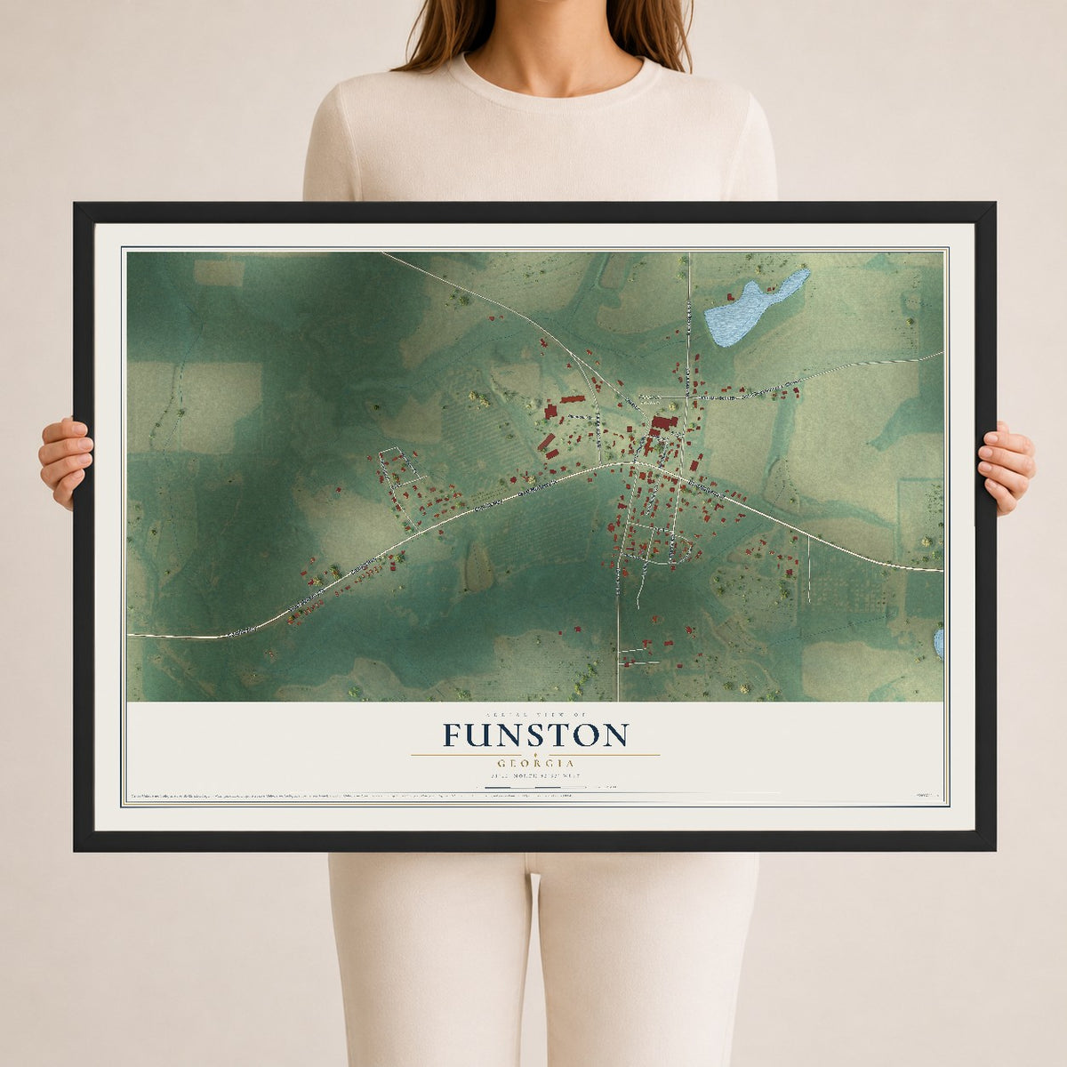 Funston, Georgia map print, 24" x 36" W/ Black Ayous Wood Frame mockup