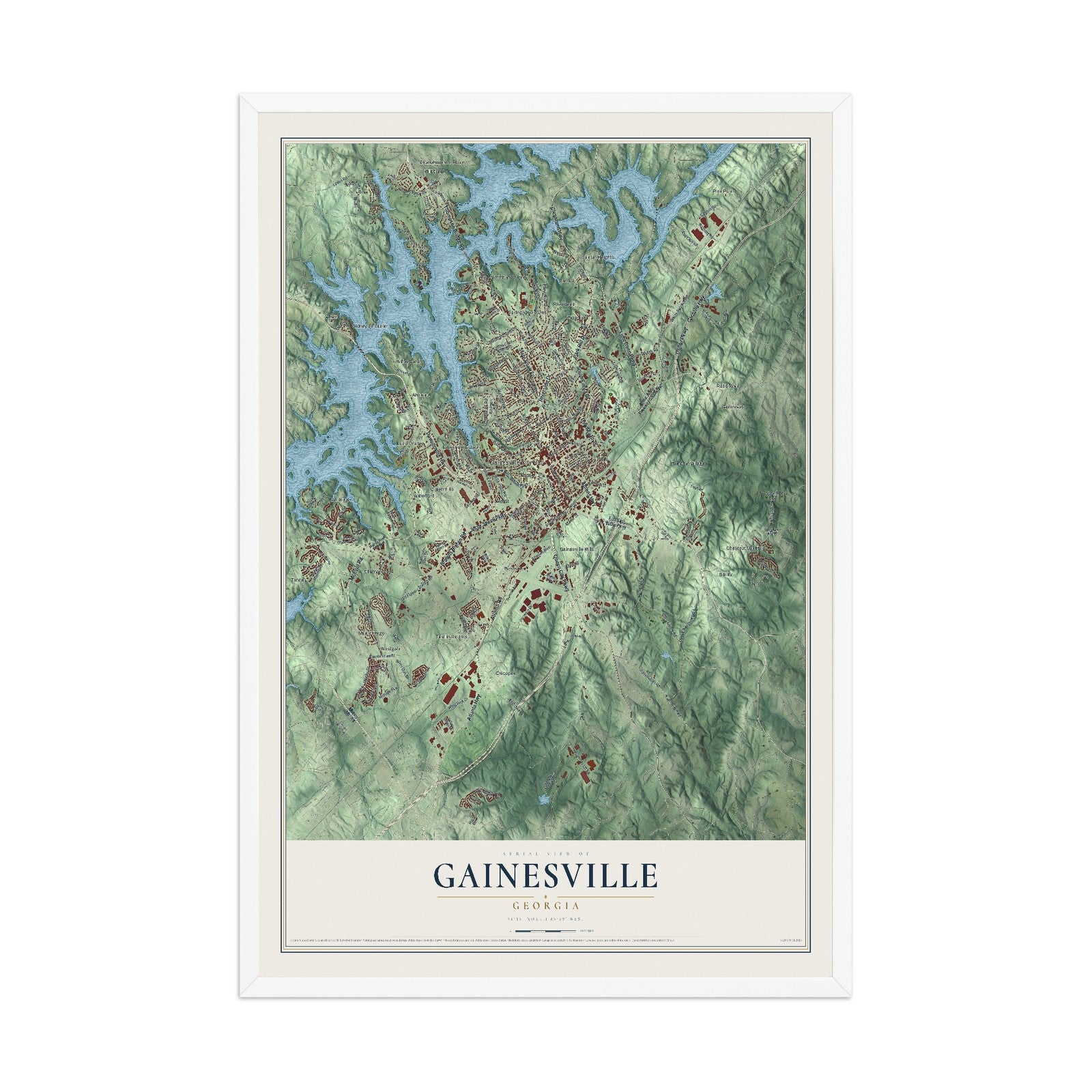 Gainesville, Georgia map print, 12" x 18" W/ White Ayous Wood Frame mockup