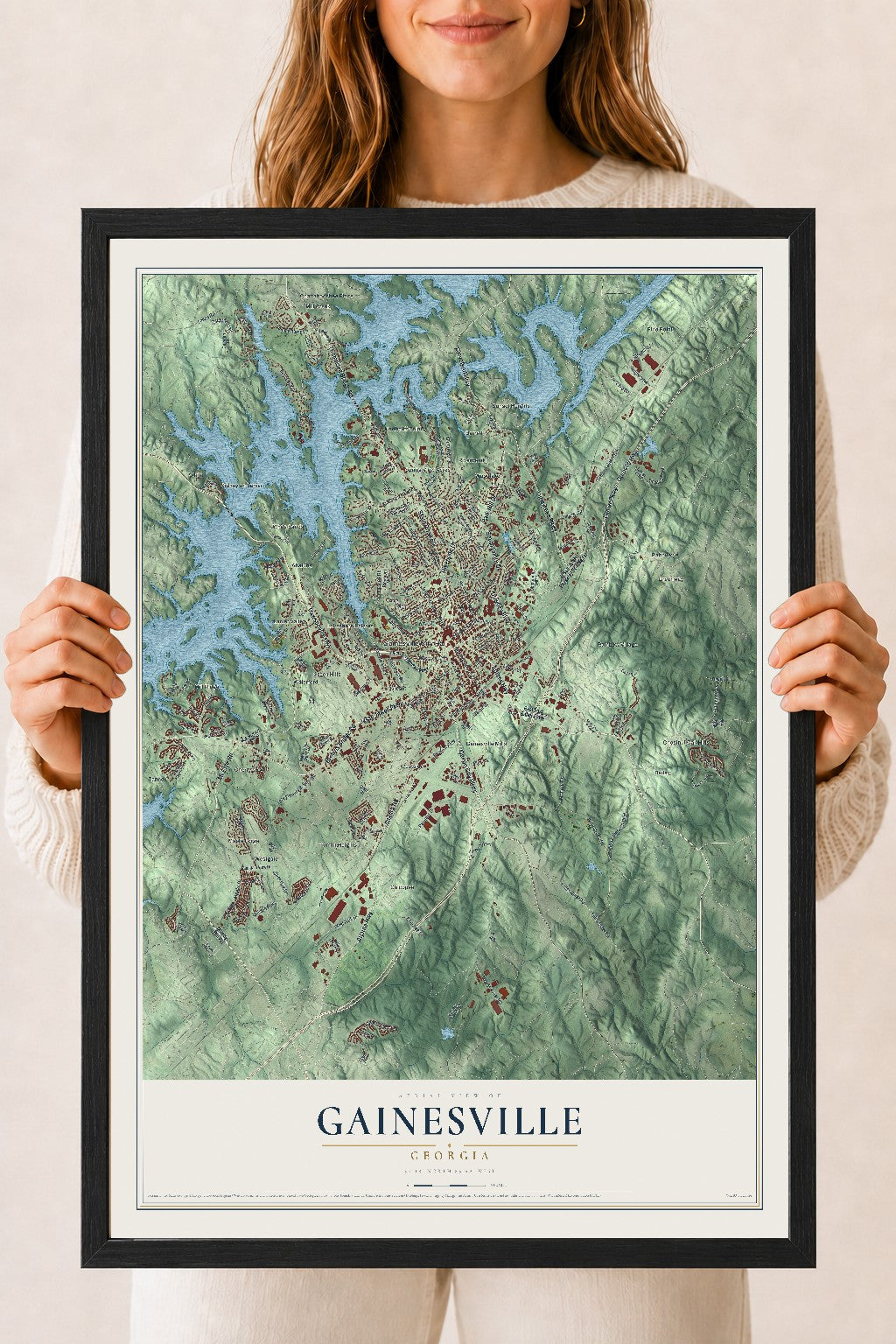Gainesville, Georgia map print, 18" x 24" W/ Black Ayous Wood Frame mockup