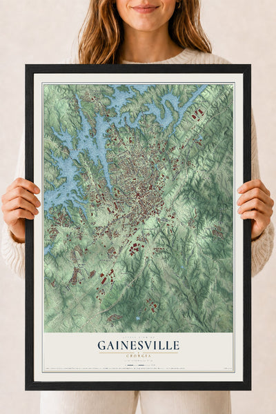 Gainesville, Georgia map print, 18" x 24" W/ Black Ayous Wood Frame mockup