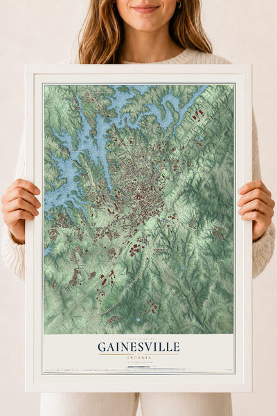 Gainesville, Georgia map print, 18" x 24" W/ White Ayous Wood Frame mockup