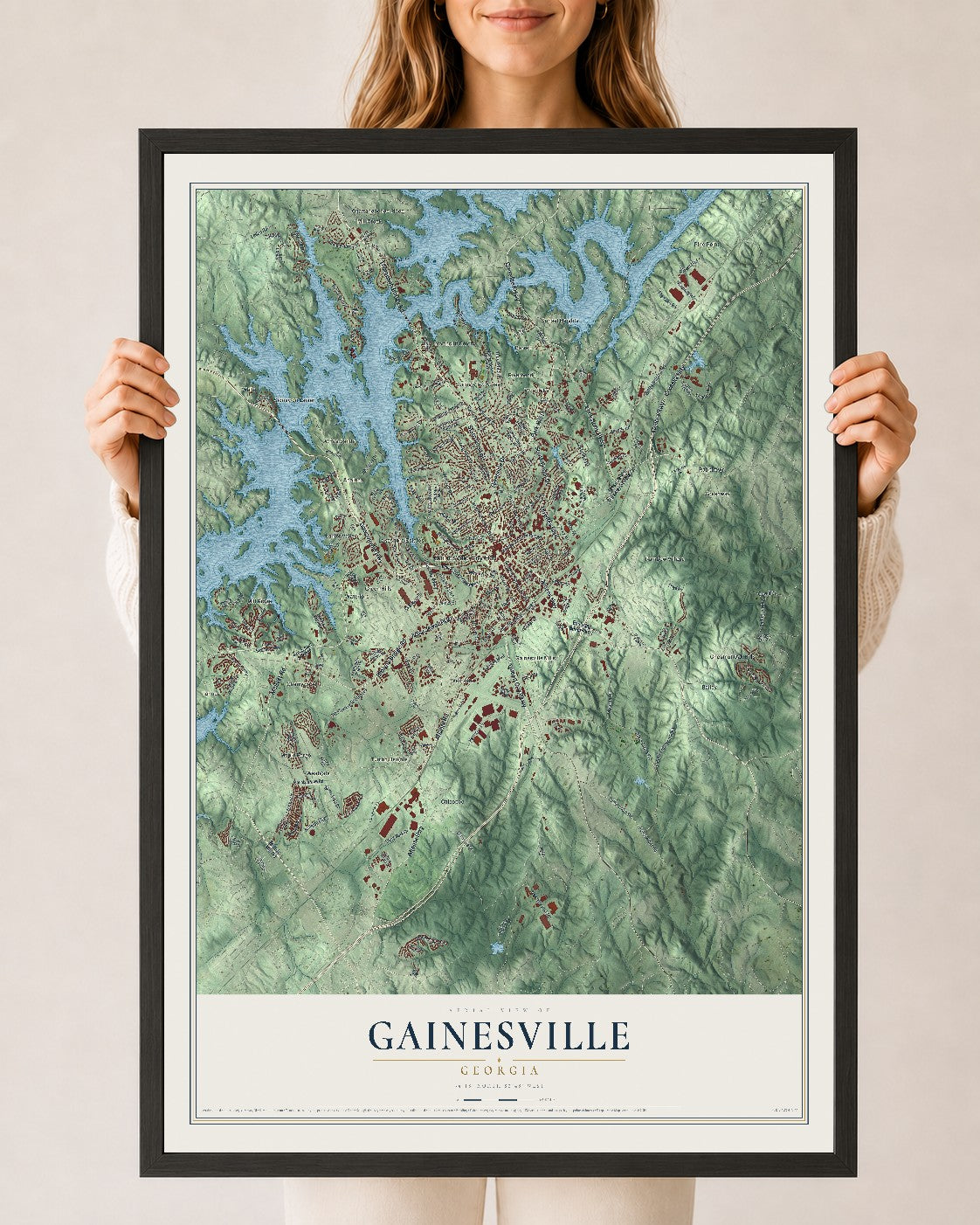 Gainesville, Georgia map print, 24" x 36" W/ Black Ayous Wood Frame mockup