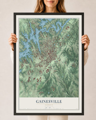 Gainesville, Georgia map print, 24" x 36" W/ Black Ayous Wood Frame mockup