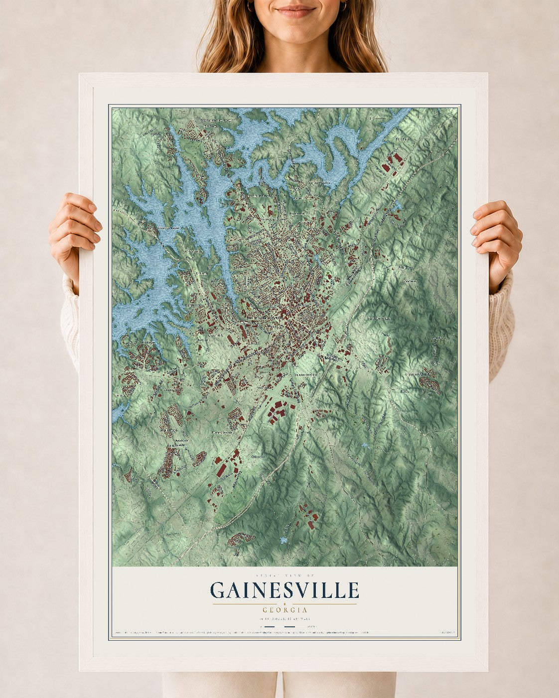 Gainesville, Georgia map print, 24" x 36" W/ White Ayous Wood Frame mockup