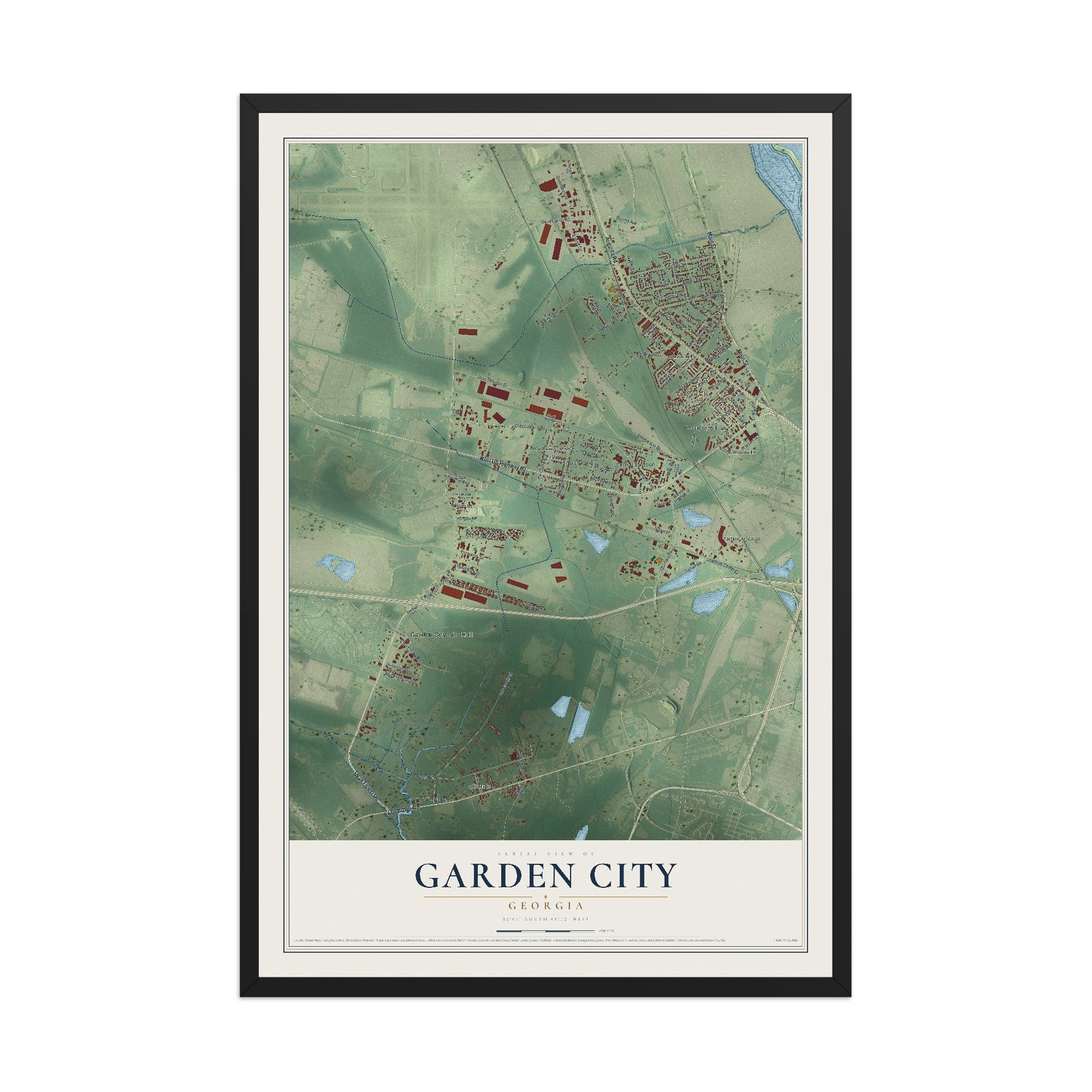 Garden City, Georgia map print, 12" x 18" W/ Black Ayous Wood Frame mockup