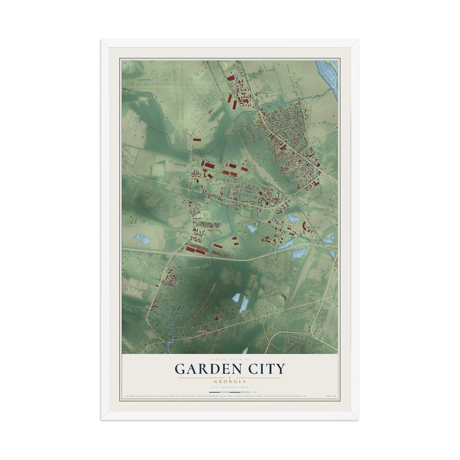 Garden City, Georgia map print, 12" x 18" W/ White Ayous Wood Frame mockup