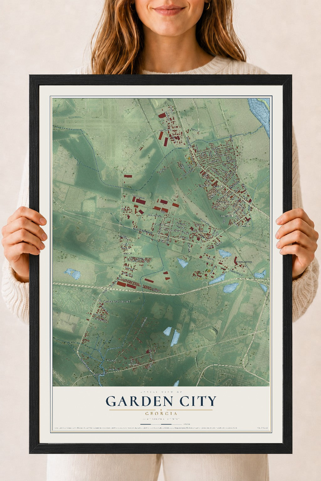 Garden City, Georgia map print, 18" x 24" W/ Black Ayous Wood Frame mockup