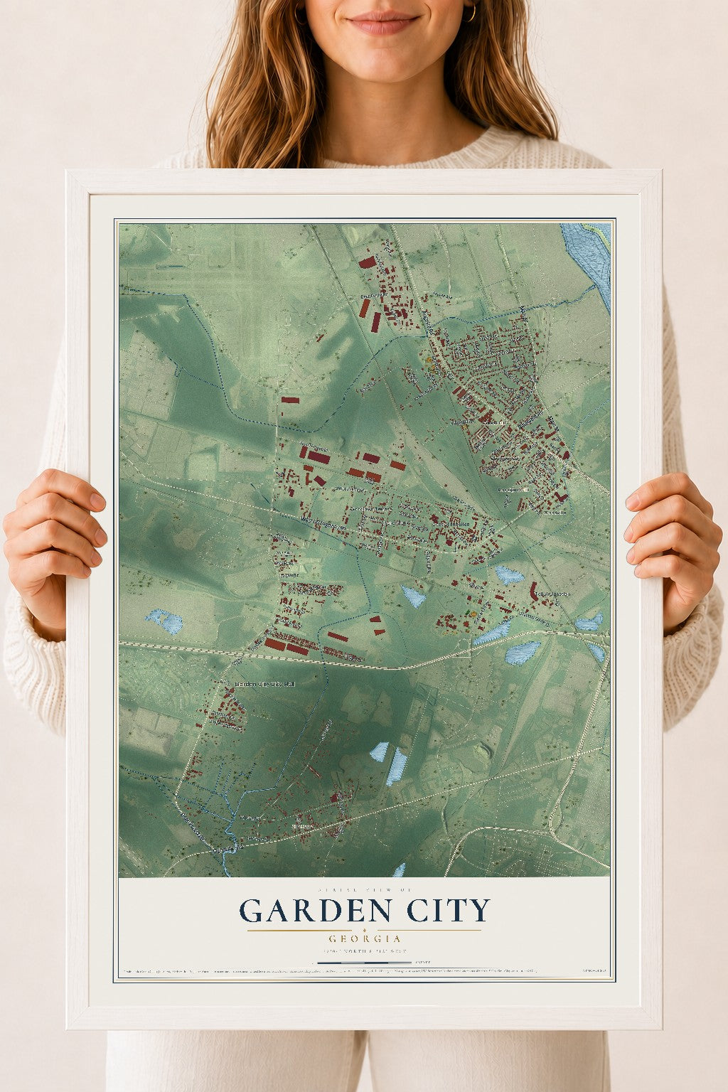 Garden City, Georgia map print, 18" x 24" W/ White Ayous Wood Frame mockup