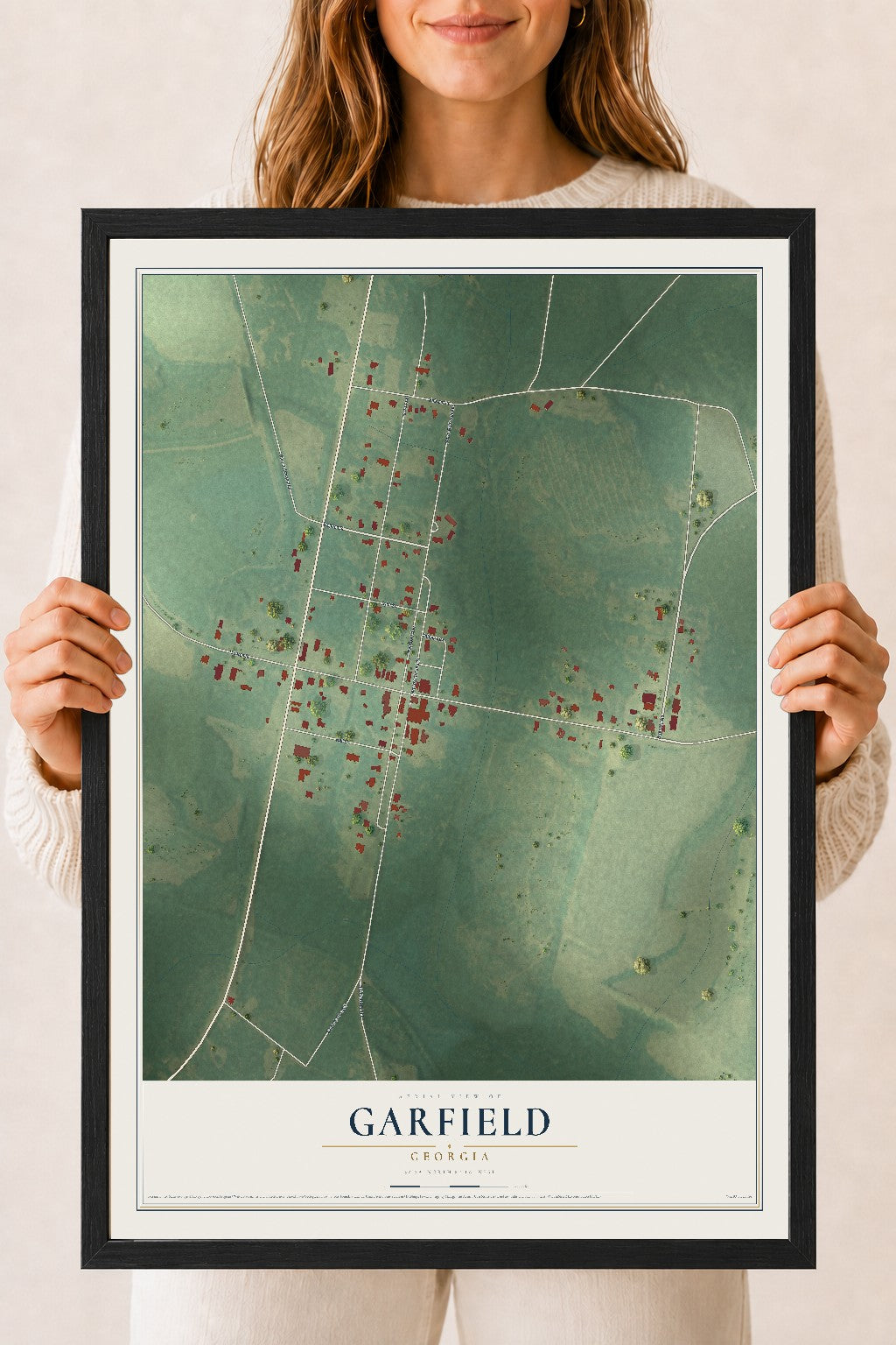 Garfield, Georgia map print, 18" x 24" W/ Black Ayous Wood Frame mockup