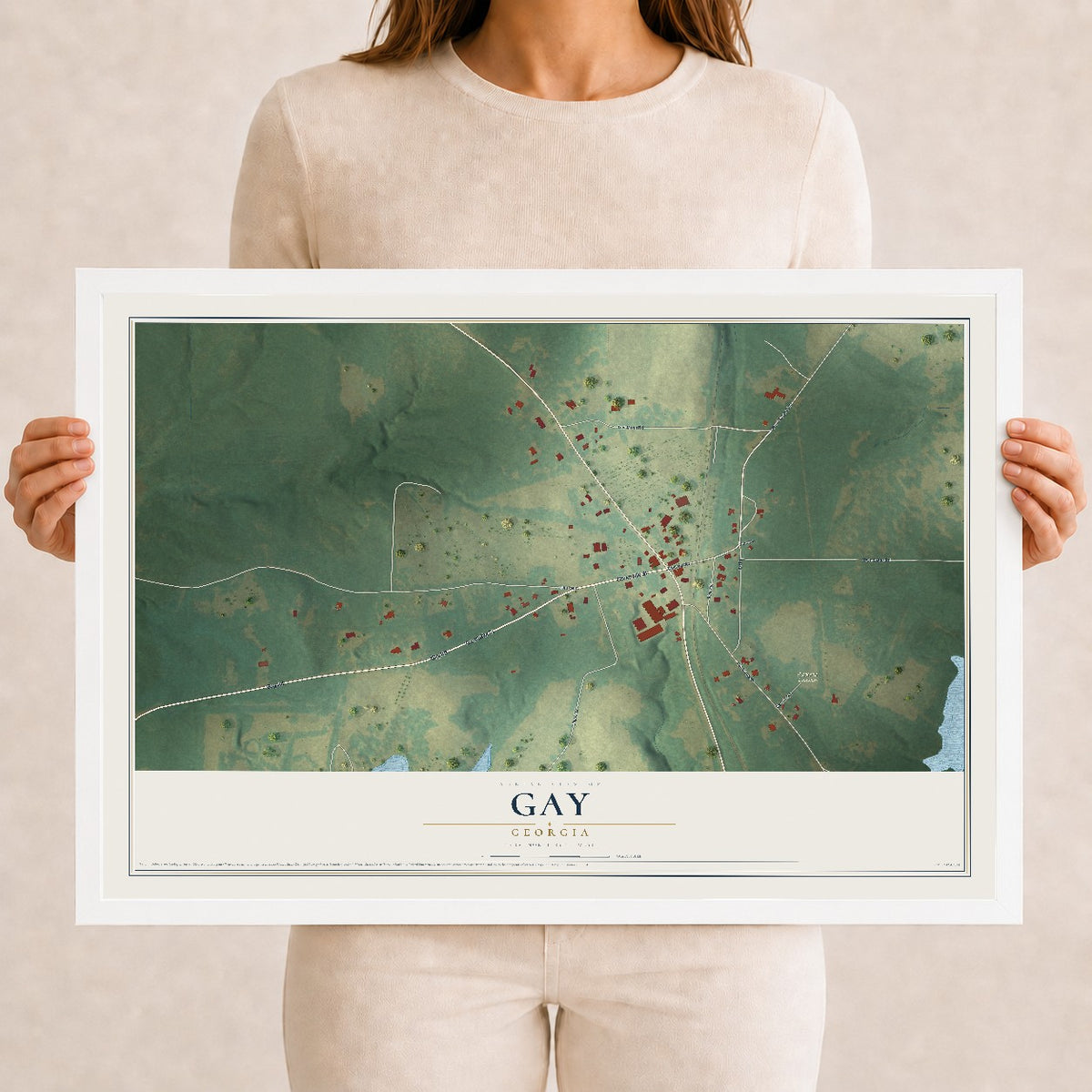 Gay, Georgia map print, 12" x 18" W/ White Ayous Wood Frame mockup