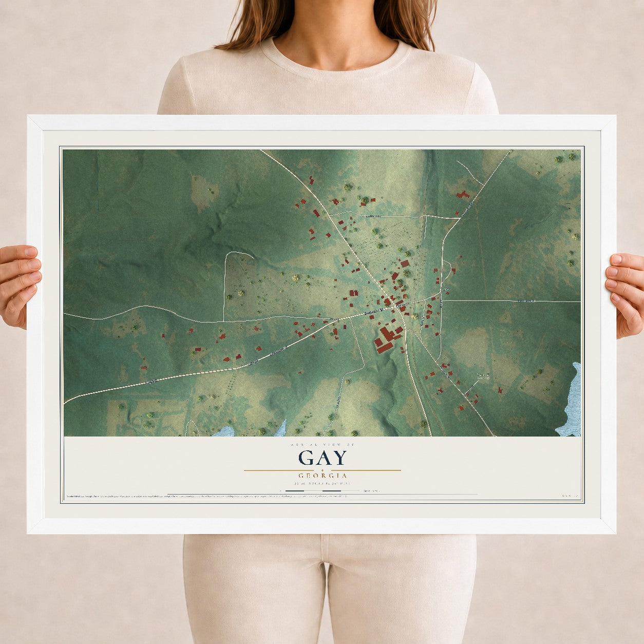 Gay, Georgia map print, 18" x 24" W/ White Ayous Wood Frame mockup