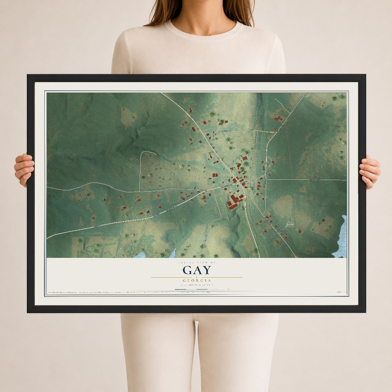 Gay, Georgia map print, 24" x 36" W/ Black Ayous Wood Frame mockup