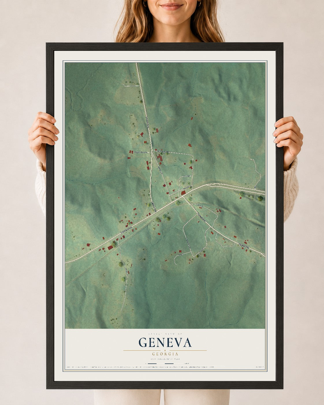 Geneva, Georgia map print, 24" x 36" W/ Black Ayous Wood Frame mockup