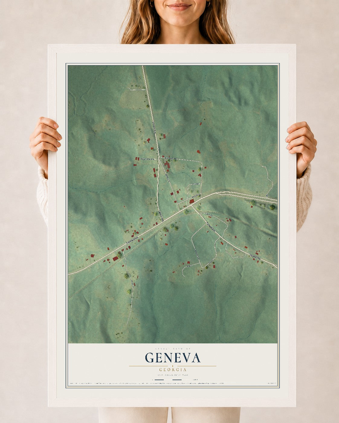 Geneva, Georgia map print, 24" x 36" W/ White Ayous Wood Frame mockup