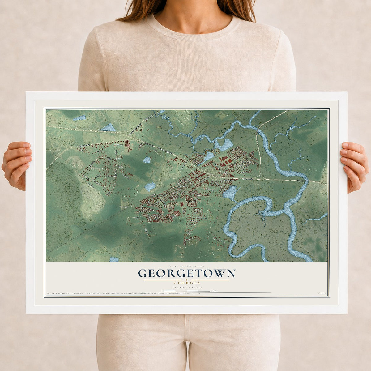 Georgetown, Georgia map print, 12" x 18" W/ White Ayous Wood Frame mockup