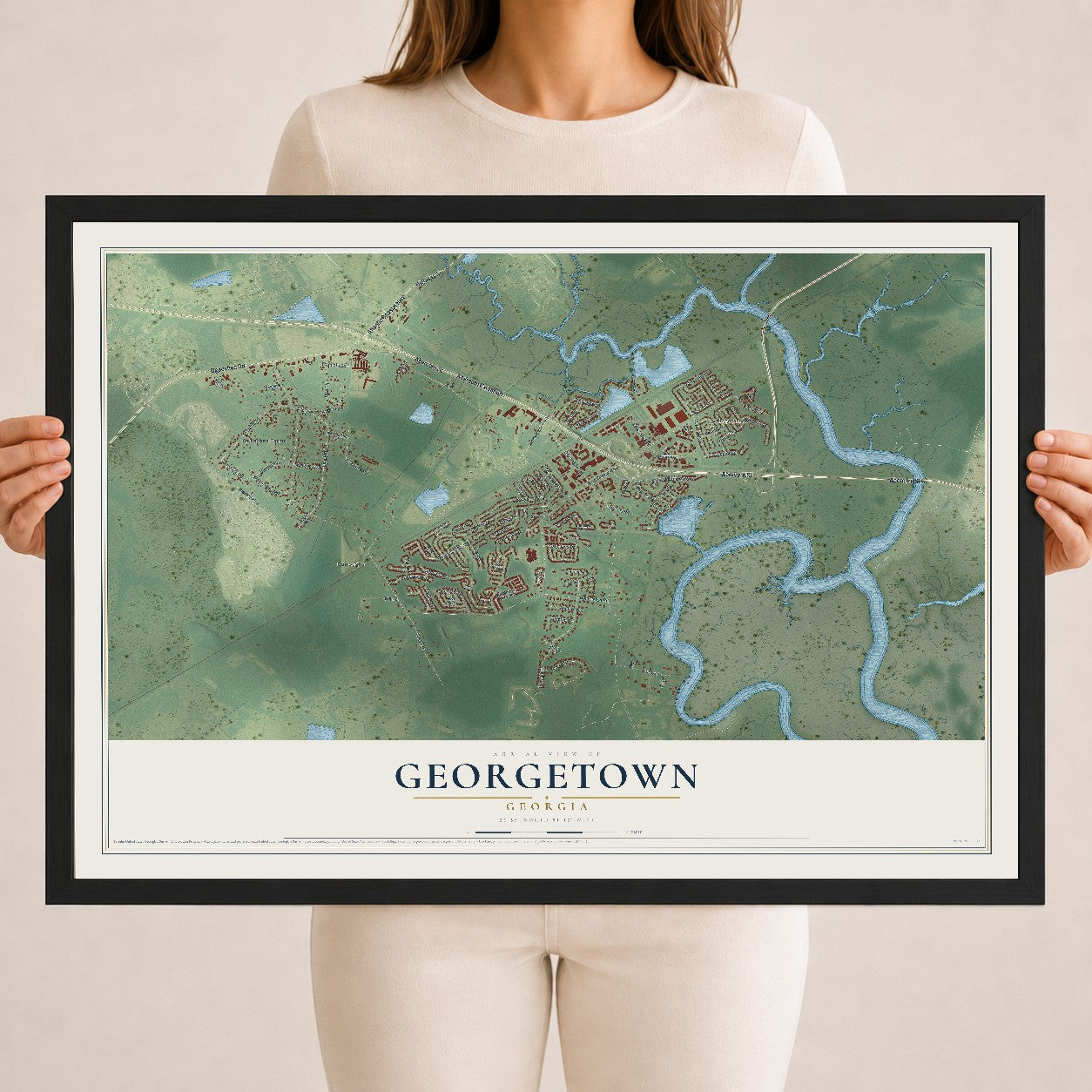 Georgetown, Georgia map print, 18" x 24" W/ Black Ayous Wood Frame mockup