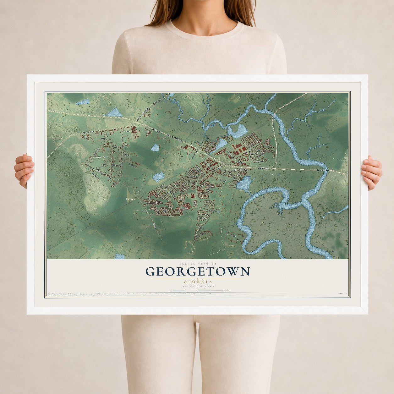 Georgetown, Georgia map print, 24" x 36" W/ White Ayous Wood Frame mockup