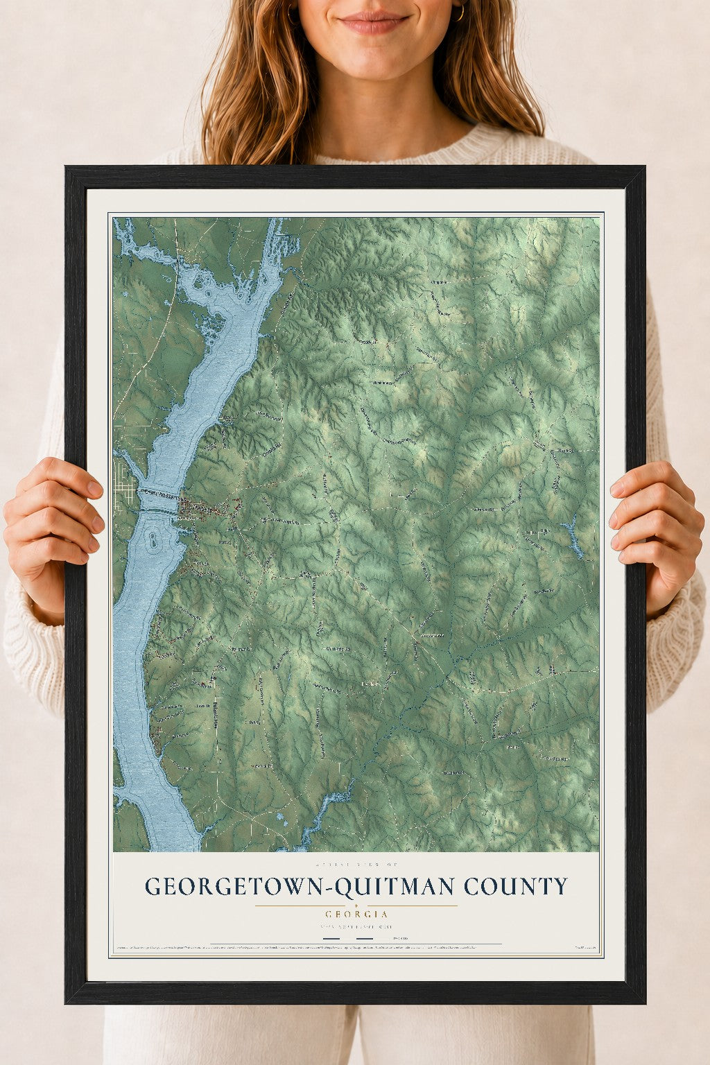 Georgetown-Quitman County, Georgia map print, 18" x 24" W/ Black Ayous Wood Frame mockup