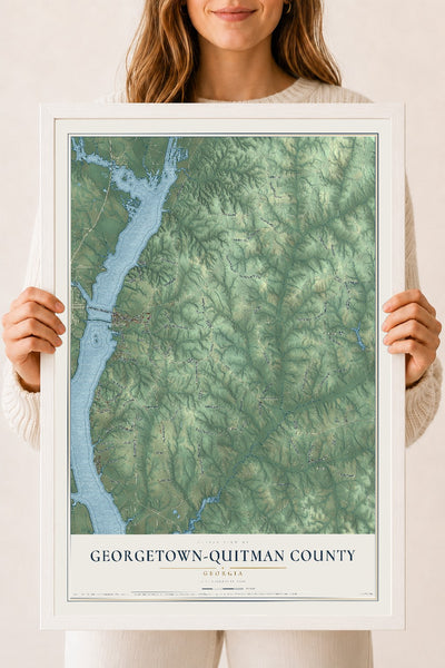Georgetown-Quitman County, Georgia map print, 18" x 24" W/ White Ayous Wood Frame mockup