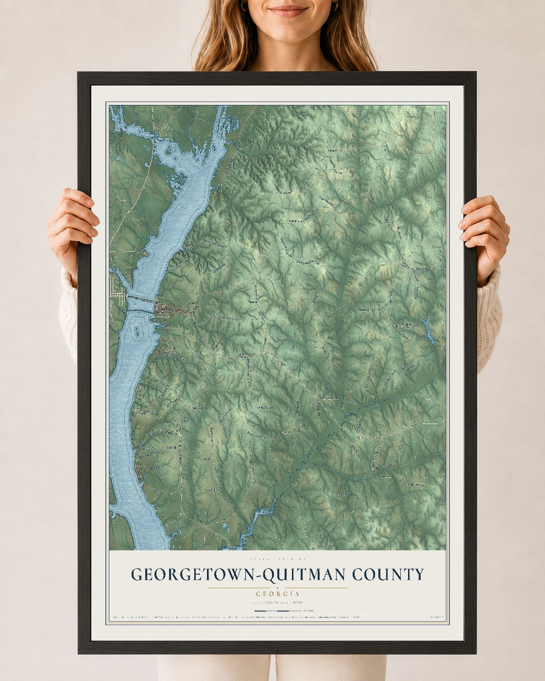 Georgetown-Quitman County, Georgia map print, 24" x 36" W/ Black Ayous Wood Frame mockup