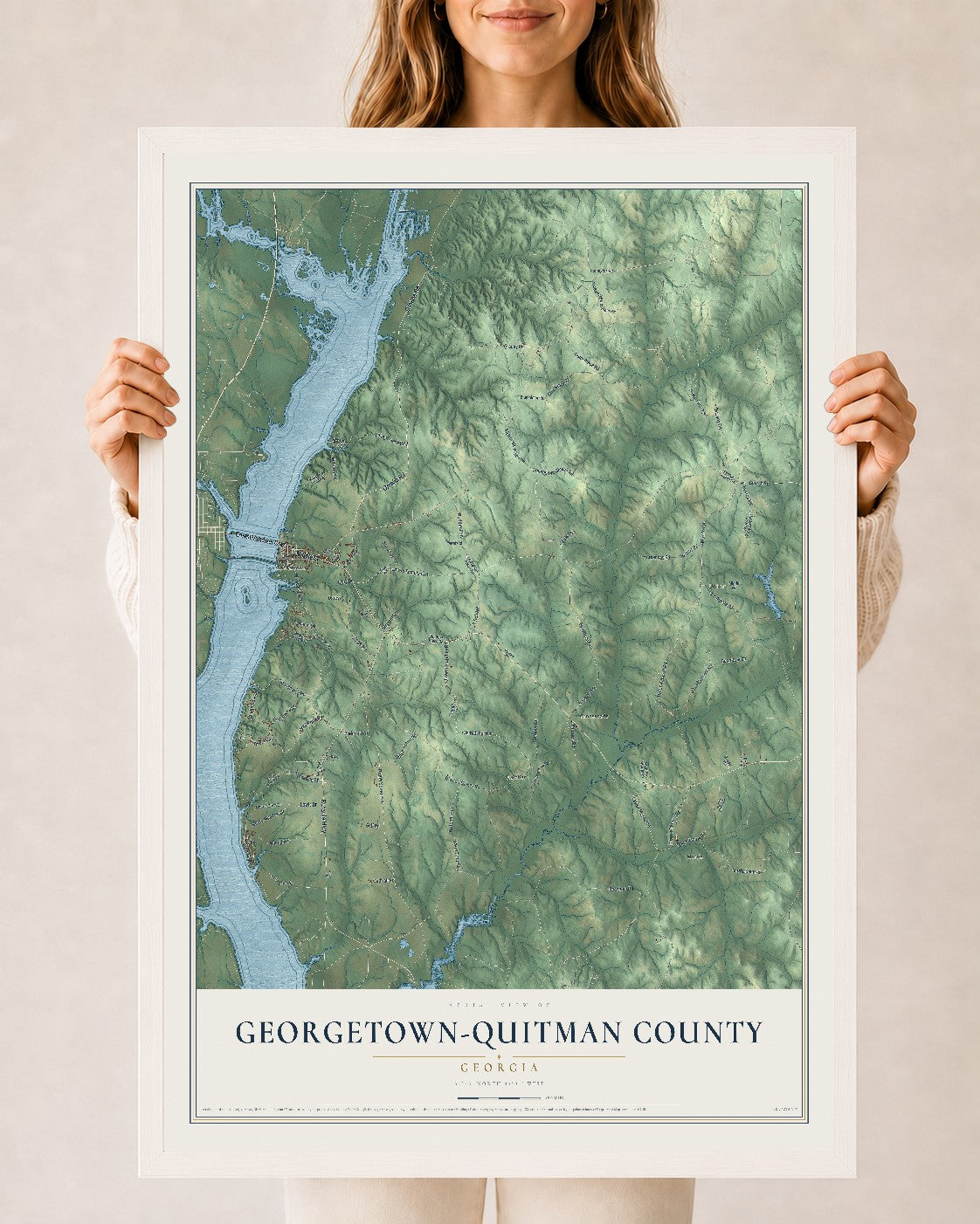 Georgetown-Quitman County, Georgia map print, 24" x 36" W/ White Ayous Wood Frame mockup