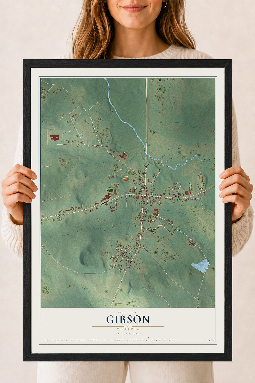 Gibson, Georgia map print, 18" x 24" W/ Black Ayous Wood Frame mockup