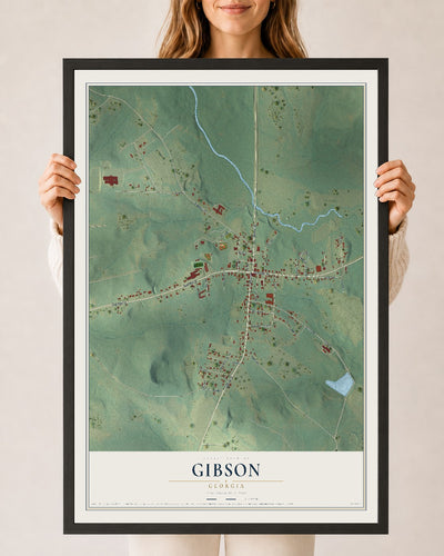 Gibson, Georgia map print, 24" x 36" W/ Black Ayous Wood Frame mockup