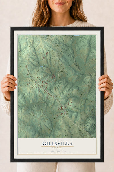 Gillsville, Georgia map print, 18" x 24" W/ Black Ayous Wood Frame mockup