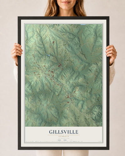 Gillsville, Georgia map print, 24" x 36" W/ Black Ayous Wood Frame mockup