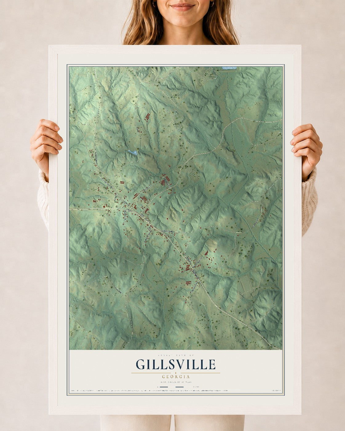 Gillsville, Georgia map print, 24" x 36" W/ White Ayous Wood Frame mockup