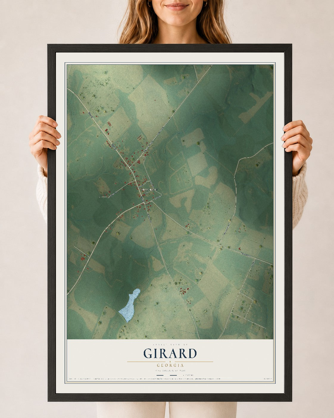 Girard, Georgia map print, 24" x 36" W/ Black Ayous Wood Frame mockup
