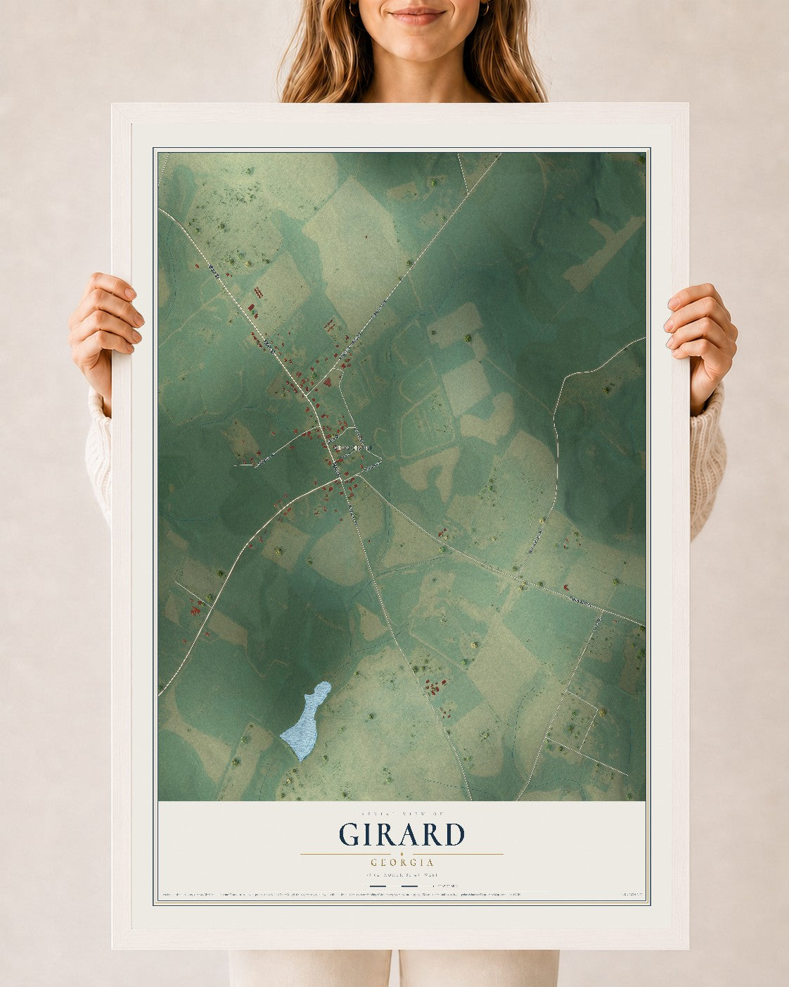 Girard, Georgia map print, 24" x 36" W/ White Ayous Wood Frame mockup