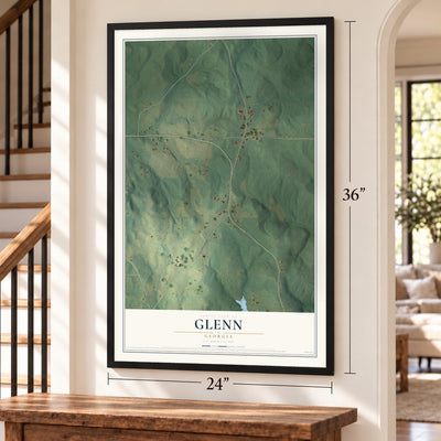 Glenn, Georgia map, 24 x 36 inch print in a black frame by a staircase