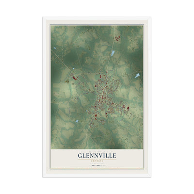 Glennville, Georgia map print, 12" x 18" W/ White Ayous Wood Frame mockup