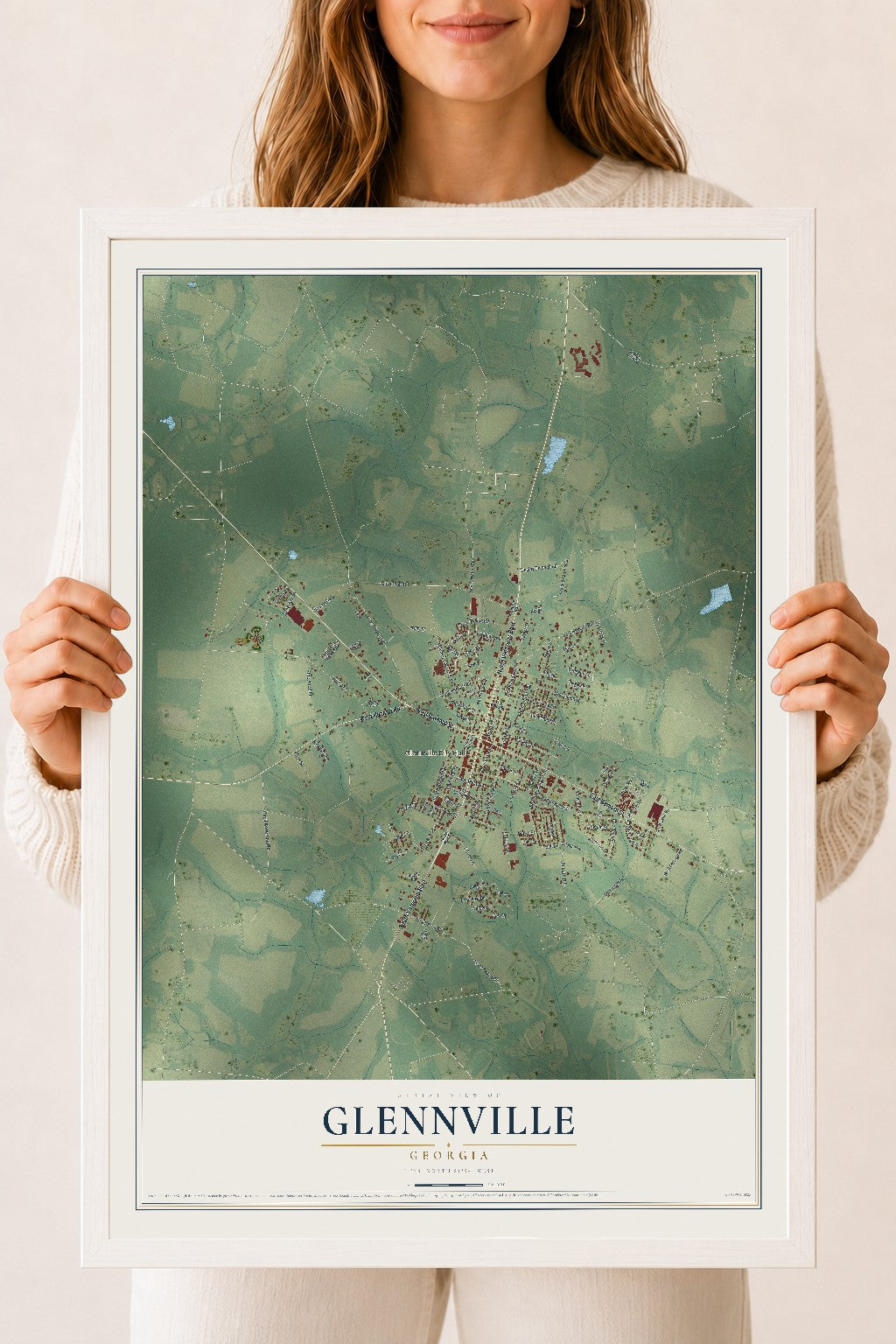 Glennville, Georgia map print, 18" x 24" W/ White Ayous Wood Frame mockup