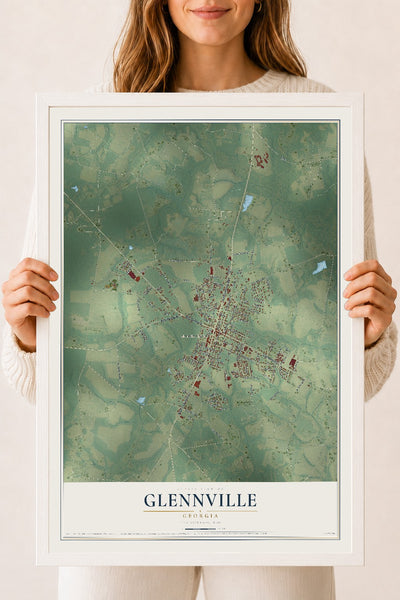 Glennville, Georgia map print, 18" x 24" W/ White Ayous Wood Frame mockup