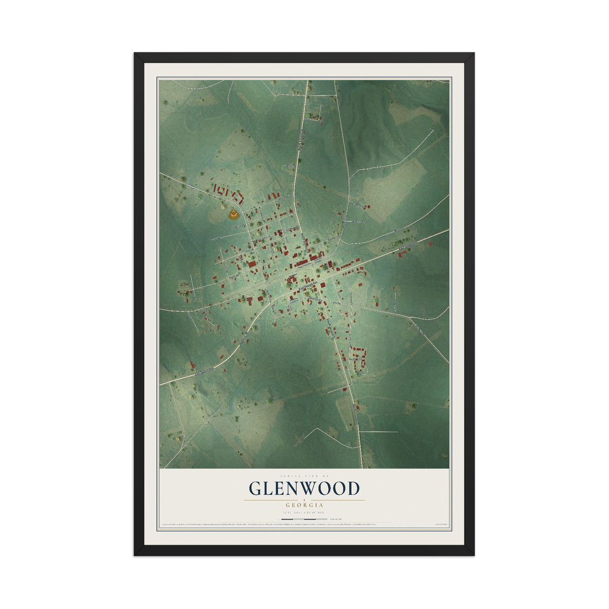 Glenwood, Georgia map print, 12" x 18" W/ Black Ayous Wood Frame mockup