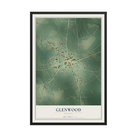 Map of Glenwood, Georgia, 12 x 18 inch print in a black wood frame