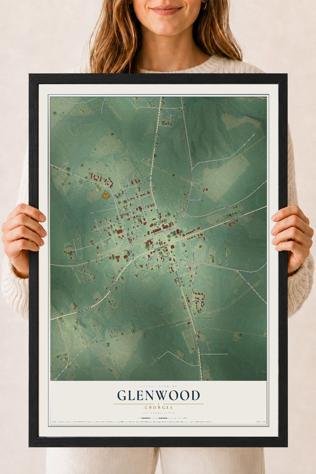 Glenwood, Georgia map print, 18" x 24" W/ Black Ayous Wood Frame mockup