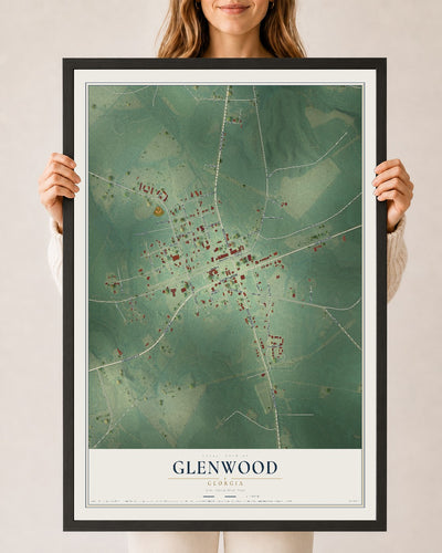 Glenwood, Georgia map print, 24" x 36" W/ Black Ayous Wood Frame mockup