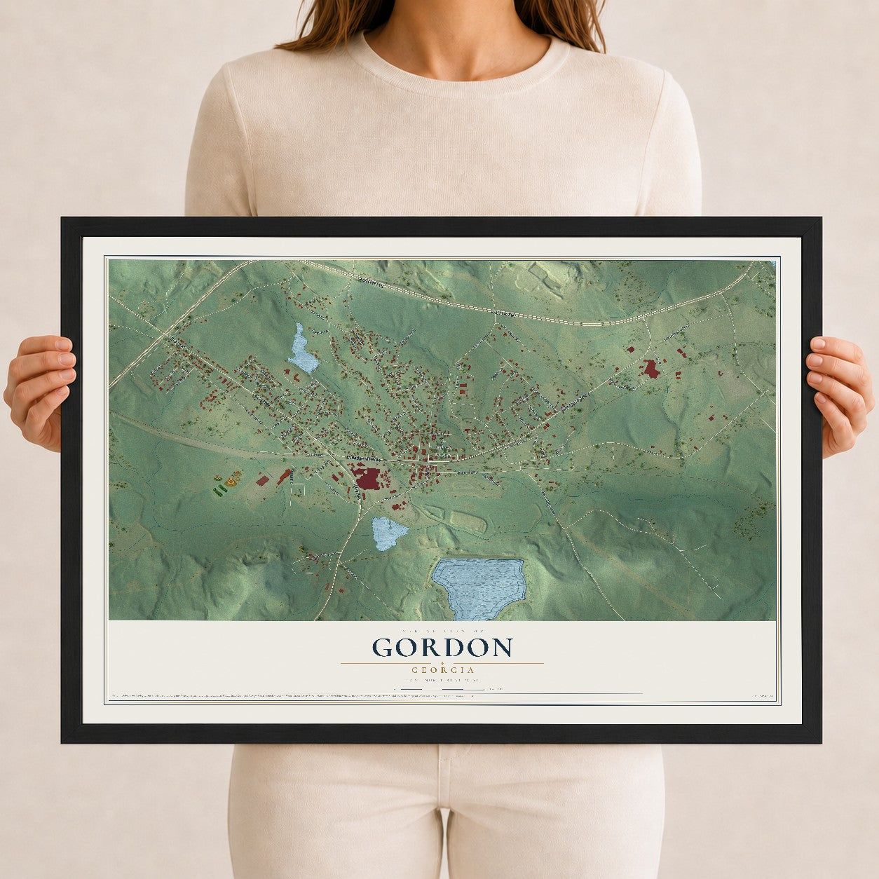 Gordon, Georgia map print, 12" x 18" W/ Black Ayous Wood Frame mockup