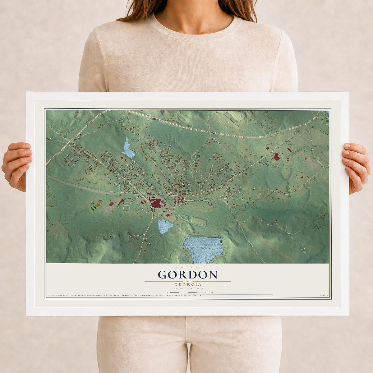 Gordon, Georgia map print, 12" x 18" W/ White Ayous Wood Frame mockup